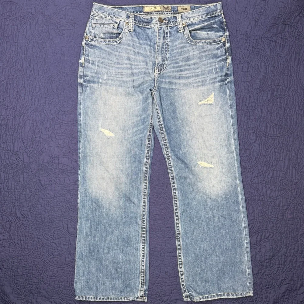 BKE Tyler Denim Mens 36R Medium Wash Straight Leg Distressed Jeans Western